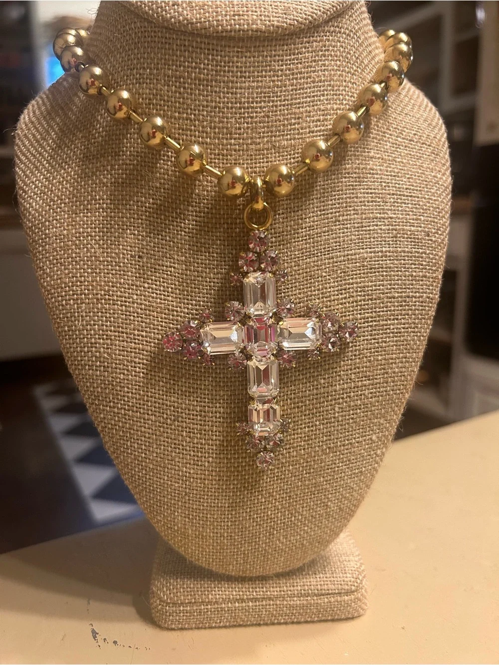 TOVA Ashley cross Gold Bead Necklace Crystal Cross Pendant